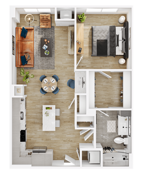 Floor plan for 1 bed, 1 bath, 761 sqft